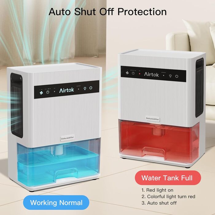 Електричний осушувач повітря Airtok 3000 мл, 35 м² для спальні, підвалу, з таймером, авторозморожуванням, 7 кольорів підсвічування