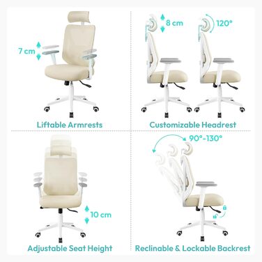 Офісне крісло Yaheetech з регульованою підголівником та підтримкою попереку, дихаюча сітчаста спинка, широке сидіння, S-подібна спинка, поворотне на 360°, бежеве