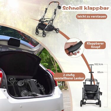 Візок для собак та котів COSTWAY 3 в 1, сірий | Складаний, до 15 кг | Знімний кошик, дощовик, телескопічна ручка, сітка-віконце