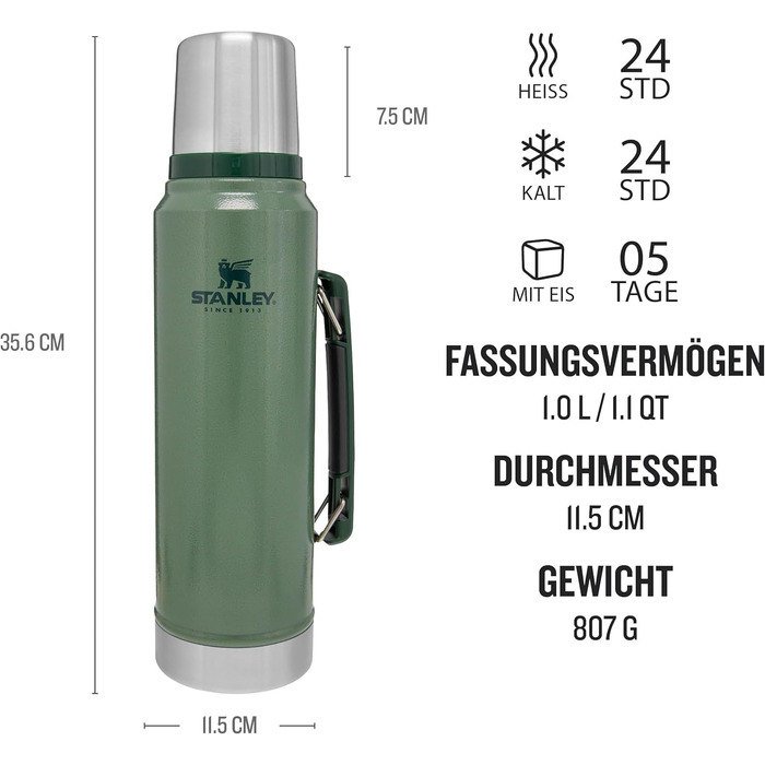 Stanley Classic Legendary Thermos Bottle 1L - Thermos Keeps Drinks Hot or Cold for 24 Hours - Stainless Steel Thermos - BPA-Free - Dishwasher Safe - Hammertone Green