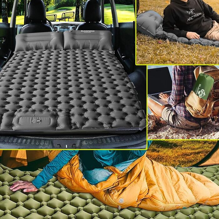 Double Camping Sleeping Pad with Built-in Pillow & Foot Pump - Lightweight Inflatable Mat for Camping, Backpacking, Hiking, Travel & Tent (Gray)