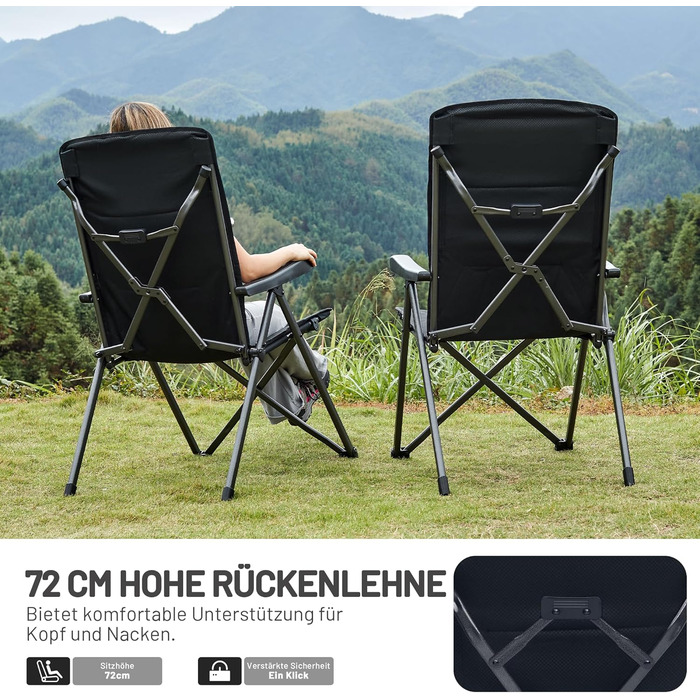Кампінговий стілець розкладний Timber Ridge 2 шт, чорний, з високою спинкою, 3 положення, до 160 кг, широкий сидіння 57 см, для кемпінгу, балкону, дачі
