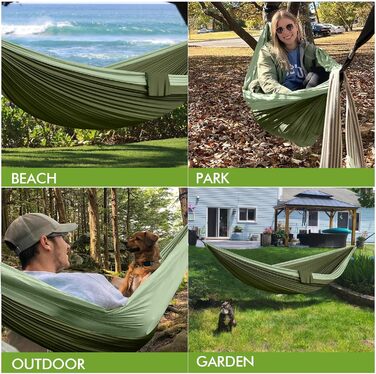 Гамак для відпочинку на природі та кемпінгу: двомісний, 300 x 200 см, ультралегкий, до 300 кг, нейлон, дихаючий, зелений