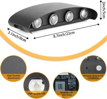 LED настінний світильник Lureshine, 2 шт., 22x8x5 см, чорний, IP65, 3000K, для вітальні