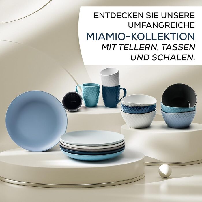 MIAMIO Набір посуду з 24 предметів з кераміки (тафельсервіс) для 6 осіб, Palmanova Kollection, великі тарілки (6 шт.), блакитні, сумісний з мийною машиною та мікрохвильовою піччю