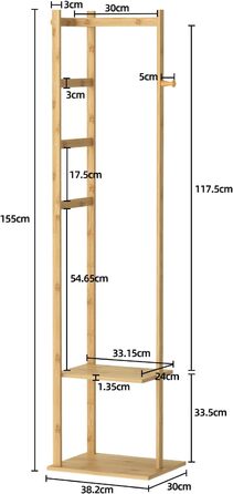 unho Bamboo Wardrobe Rack, Freestanding Clothes Rack, Coat Rack with Clothes Rail, 2 Shelves, 3 Hooks for Clothing, Hats, Bags, Hallway, Entrance Area