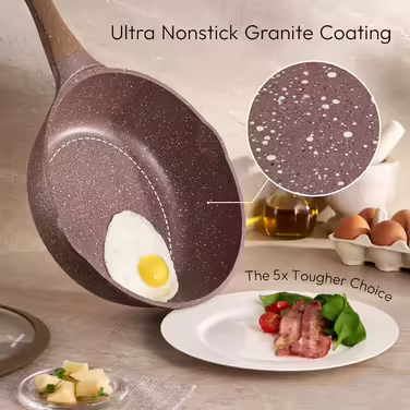 JUST PERFECTO Cookware Set & Frying Pan Set Induction - Frying Pan Set with Lid - Pots & Pans Sets - Pots and Pans Set without PTFE and PFOA - Aluminum Cookware Set with Non-Stick Coating 14 pcs marron beige