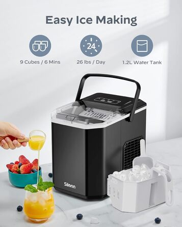 Машина для приготування льоду Silonn з кошиком – портативна та самоочисна, Mini Ice Maker, 9 кубиків/6 хв, 12 кг/день, зручне виймання та використання (Чорний, 1.2 л)