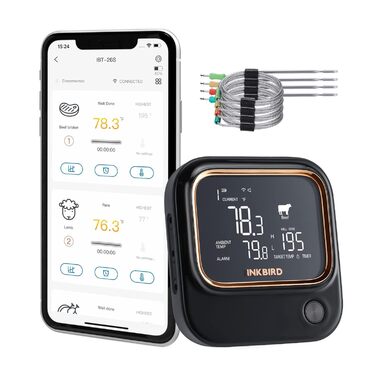 Бездротовий термометр для м'яса Inkbird IBT-26S з Bluetooth 5.1 і Wi-Fi, 4 щупи, магнітне кріплення, USB-зарядка, для гриля, духовки, BBQ, коптильні (чорний)