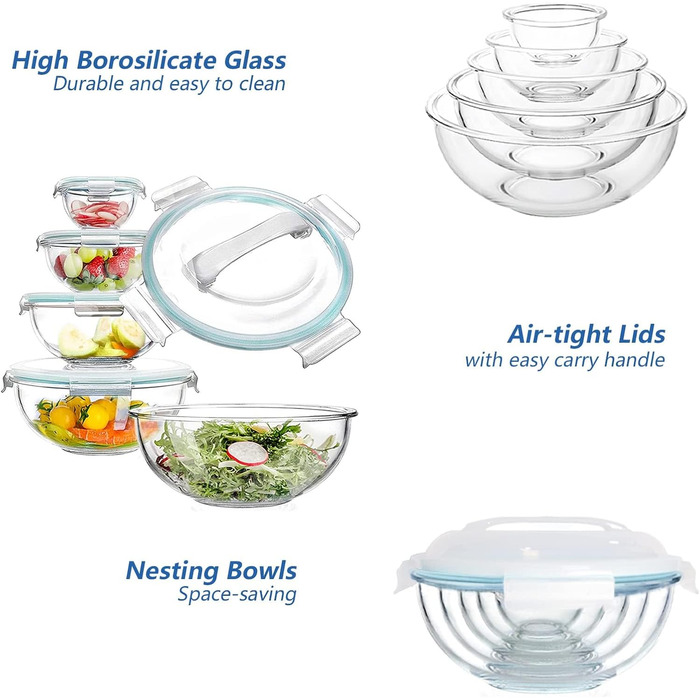Luvan Glass Bowl Set with Lids, 5-Piece Glass Bowl Set (0.18L, 0.5L, 1.0L, 2.0L, 3.5L), Glass Salad Mixing Bowls Round, BPA-Free, for Cooking, Baking, Preparing, and Storage