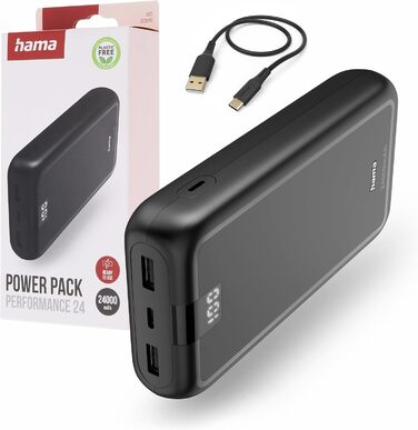 Powerbank Hama Performance 10 24000mAh: зовнішній акумулятор з USB-C та 2x USB-A, сертифікований Power Pack, для телефону, планшета, Bluetooth-колонки, портативний зарядний пристрій