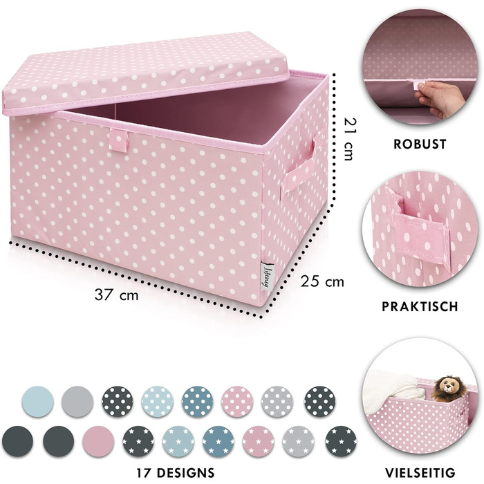LIFENEY Набір з 2 коробок для зберігання дитячих речей, 37x25x21 см, органайзер для дитячої кімнати та вітальні, дитяча коробка для іграшок, рожеві з крапками