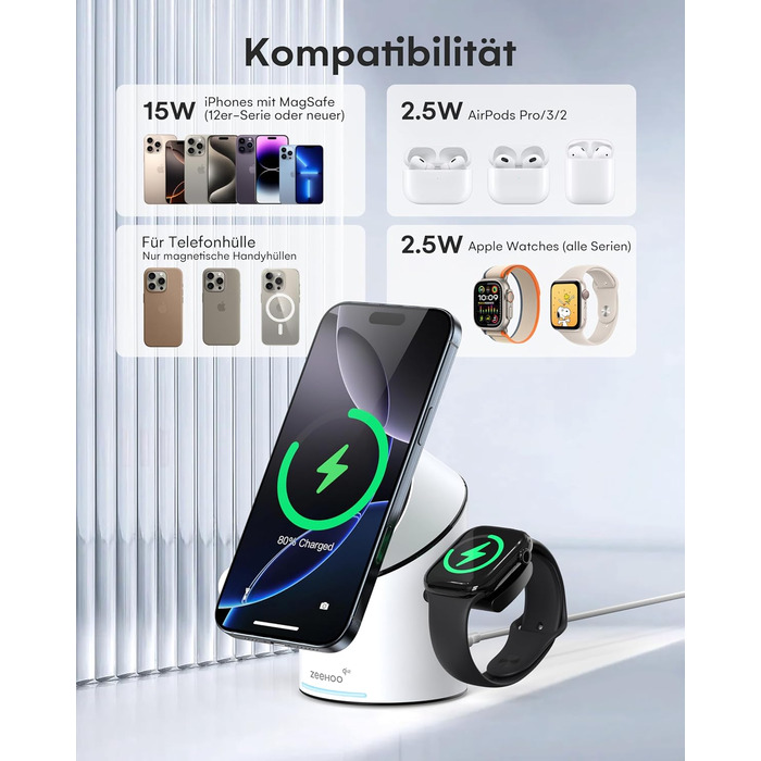 Зарядний пристрій 3-в-1 ZEEHOO MagSafe для Apple: QI2 бездротова зарядка 15W для Apple Watch, iPhone, AirPods (з адаптером 30W) - Білий