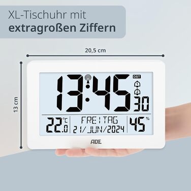 Digital XL Radio Clock with Very Large Numbers | Alarm Clock with 2 Alarm Times and Backlight | Thermometer Hygrometer | Slim Frame Made of Real (White Wood)