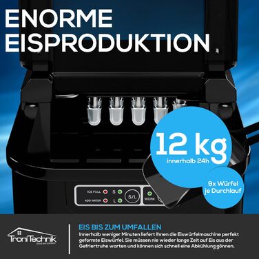 Льодогенератор Tronitechnik® 12 кг/24 год, резервуар 2.2 л, 2 розміри кубиків льоду, самоочищення, чорний