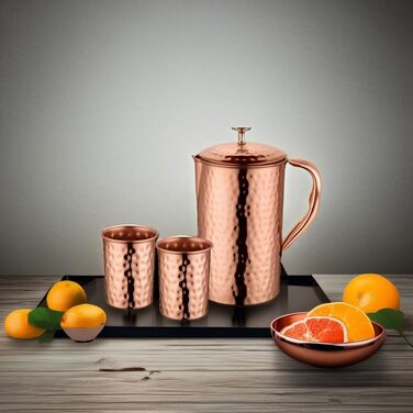 Handmade copper jug, 1.5 liters, and 2 glass beakers, for storing and serving water, suitable for restaurants, hotels, and homes.