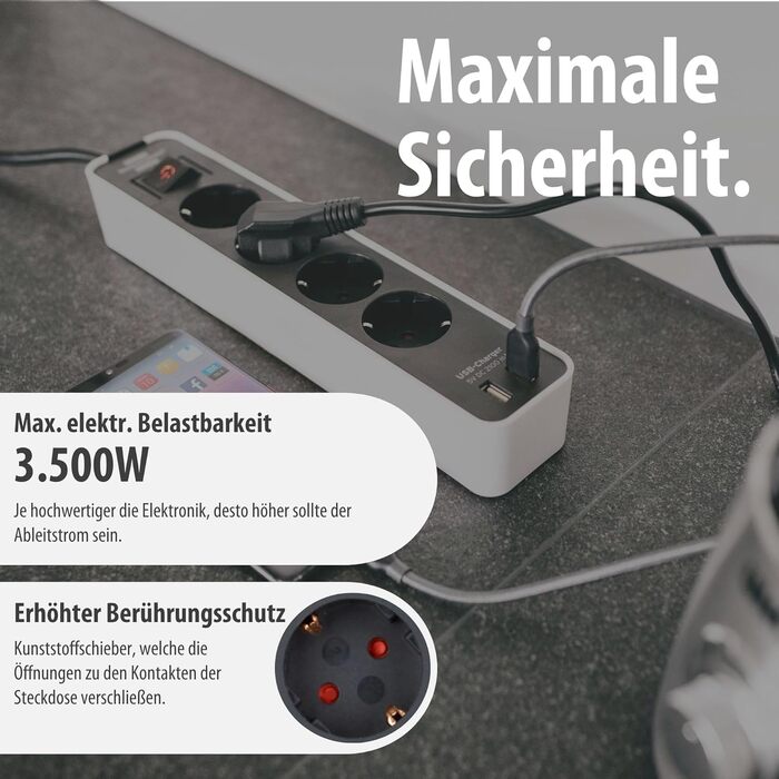 Брененштуль мережевий фільтр Ecolor 4-портовий з USB (білий/чорний) - 4 розетки, 2 USB-порти, вимикач, 1.5м кабель