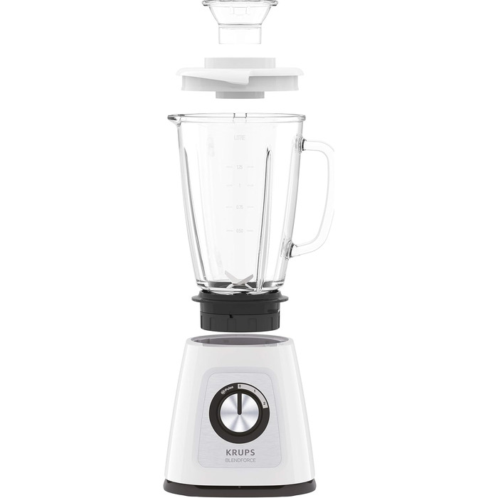 Krups KB4351 Blendforce+ Stand Mixer | 800 W | 1.75L Heat-Resistant Glass Jar | 6 Blades with Powelix | 2 Speeds + Pulse | Ice Crush Function | Smart Lock Technology | White Plastic
