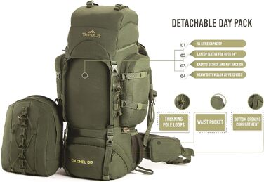 Tripole Rucksack from the Colonel Series with Internal Frame - Featuring Detachable Daypack and Rain Cover (95 Liters, Green (Army Green))