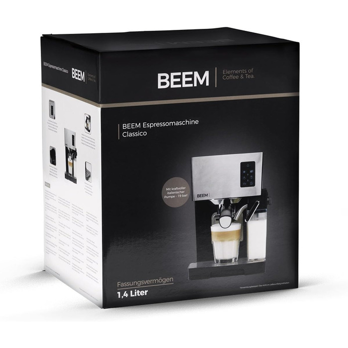 Еспресо-машина BEEM CLASSICO 19 бар, срібляста, з вбудованим молочним резервуаром і паровою насадкою, знімний бак для води, 1450 Вт