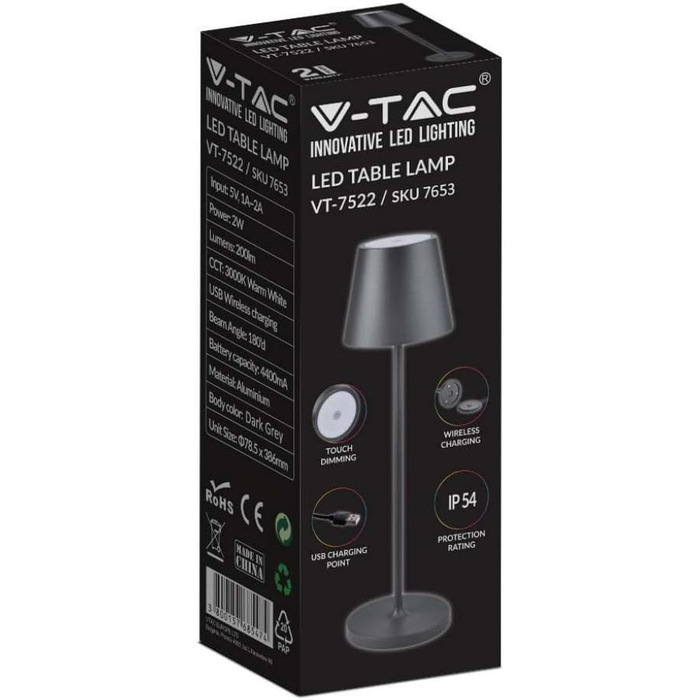 LED-лампа настільна V-TAC VT-7522 чорна з бездротовим живленням, сенсорне керування, акумулятор 4400 mAh, IP54, 3000K, 2W (для дому та вулиці)