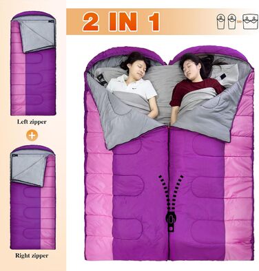 Спальний мішок Outdoor для дорослих, зимовий, машинного прання, водонепроникний, 3-4 сезони, з компресійним мішком, для кемпінгу, піших прогулянок, подорожей, 0℃-Комфорт, ліловий, 220x85CM