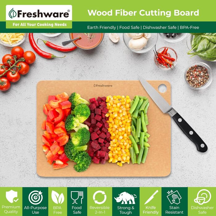 Дошка для нарізання Freshware для кухні, екологічна, деревноволокниста, антипригарна, без BPA, з соковими жолобами, поронепроникна, 44x33 см, підходить для посудомийної машини