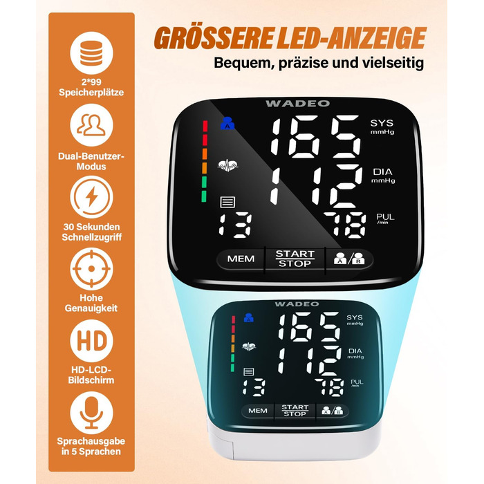 Цифровий тонометр WADEO на зап'ясті, оголошення 5 мовами, виявлення аритмії, портативний тонометр для дому та в дорогу, 2 x 99 пам'ять, з батарейками та коробкою для зберігання, білий