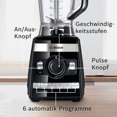 Bosch Stand Mixer VitaBoost MMBH6P6BDE, 6-Blade Stainless Steel Blades, 2.5L Tritan Mixing Container, Pusher, 6 Automatic Programs, Recipe Book, BPA-Free, Easy Cleaning, 45,000 RPM, 1600 W, Black
