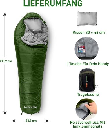 Спальний мішок SereneLife для кемпінгу - теплий, водонепроникний, для зимового відпочинку, температурний режим -15°C до +12°C, з компресійним мішком та подушкою
