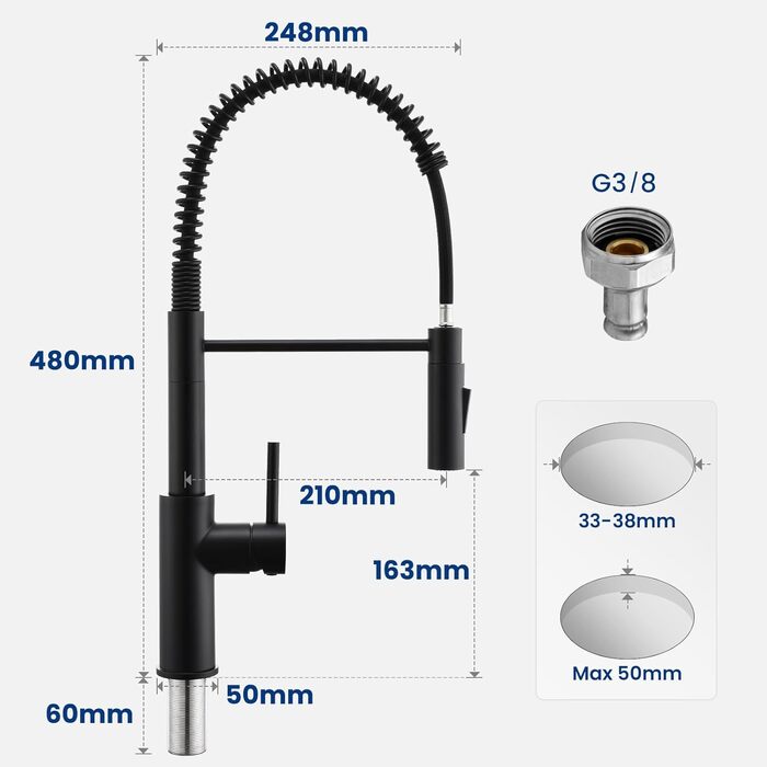 Змішувач кухонний CECIPA з витяжною лійкою, чорний, нержавіюча сталь, 360° обертання, 2 режими струменя