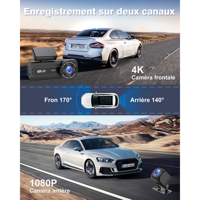 Відеореєстратор Chortau 4K+1080P з WiFi, 64GB, паркувальний режим, Super Night Vision, WDR, 170° та G-Sensor, чорний