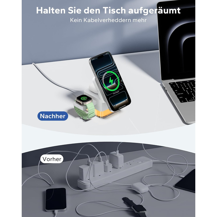 База для зарядки Apple Watch та iPhone MagSafe 3-в-1, куб сірого кольору, сумісна з iPhone 17/16/15/14/13/12/Air/Pro Max, Apple Watch 11/10/9, AirPods