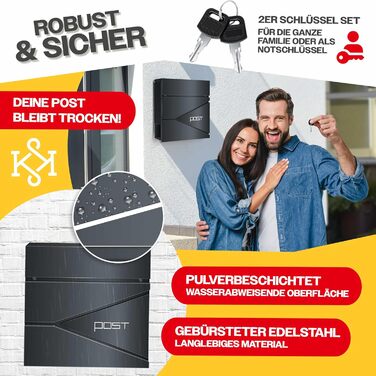 Поштовий ящик KESSER з газетницею, нержавіюча сталь, сріблясто-антрацитовий, 2 ключі, настінний монтаж, з м'яким закриттям кришки, комплект для кріплення