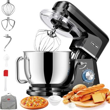 Кухонна машина Cheflee 2000W: потужна планетарна міксер для тіста та збивання, 6 швидкостей, чаша 2.2 л, нержавіюча сталь, гак та вінчик, сплітцшпрутч (захист від бризок), чорний