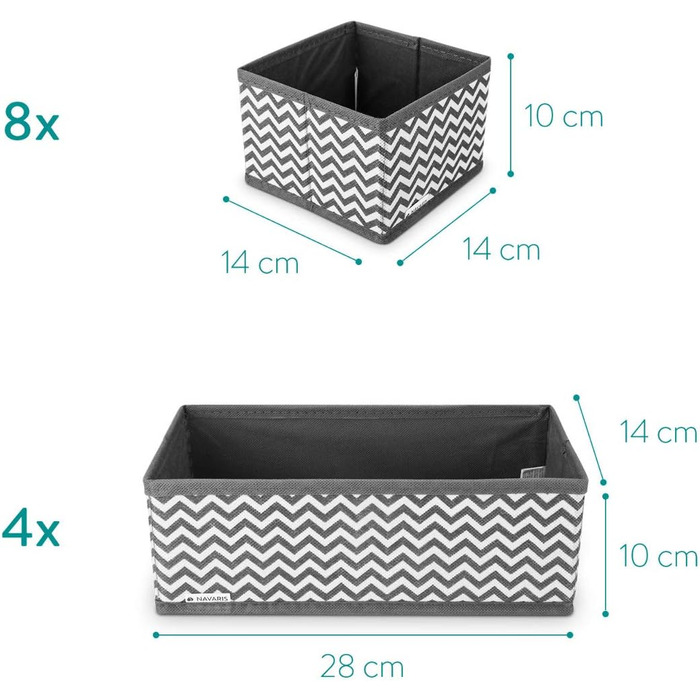 Navaris Storage Boxes Organizer Organization System Fabric Boxes - 12 Pieces in Various Sizes - for Wardrobe and Drawers - Foldable (Gray - White)