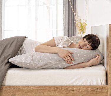 Theraline Original Nursing Pillow & Pregnancy Pillow - 190cm including 100% cotton cover - Filling with quiet micro beads - Positioning pillow, tested for harmful substances - Leaves Grey White