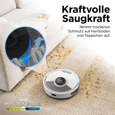 Робот-пилосос Shark Matrix Plus 2-в-1 з функцією миття та станцією самоочищення, самостійно спорожняється, для шерсті тварин, килимів та твердих підлог, 14,5 см (автоматичне спорожнення, білий)