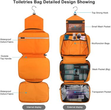 Подорожня туалетна косметичка для чоловіків та жінок з 4 відділеннями, велика місткість, компактна, оранжевого кольору