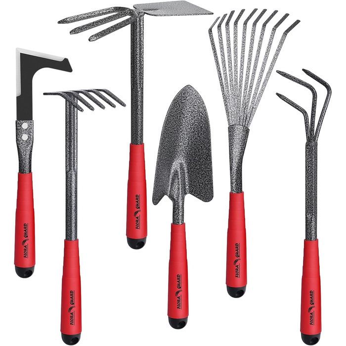 FLORA GUARD Garden Tools, 6-Piece Garden Tool Set Including Weeder, Garden Shovel, Hand Rake, Hand Hoe, Brush Rake, Cultivator, Garden Hand Tools with Heads Made of Carbon Steel
