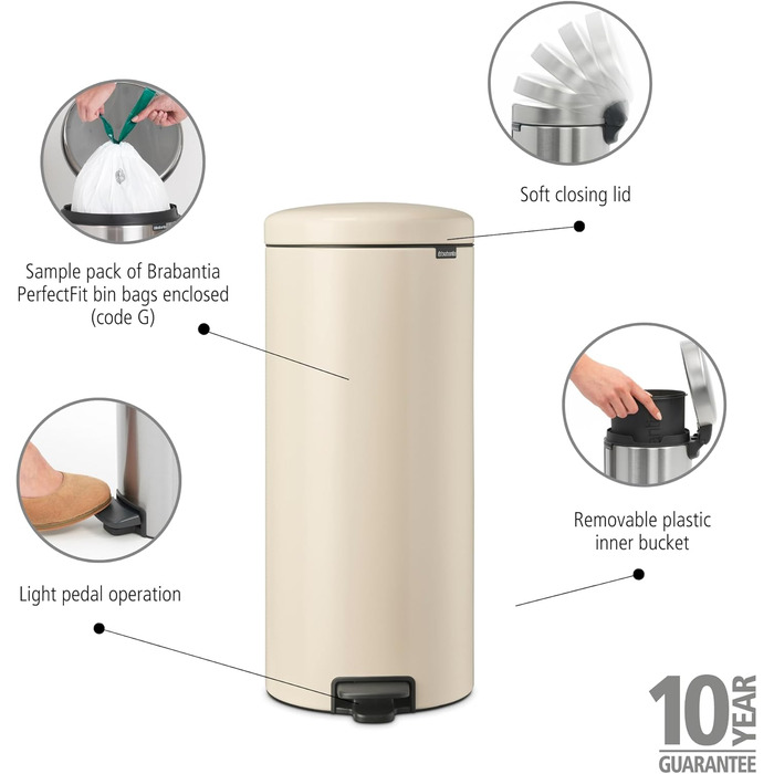 Відро для сміття Brabantia NewIcon 30L з м'яким закриттям, педальним приводом, знімним внутрішнім відром, Soft Beige, 29 x 38 x 68 см