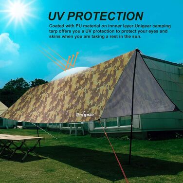 Тент Unigear 3x3, 3x4, 3x5, 4x4 м, водонепроникний, для намету, гамаку, кемпінгу, пікніків, з люверсами, шнурами, кілочками (Камуфляж, Жовтий)