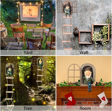 Thyle 4-Piece Garden Gnome Outdoor Tree Hugger Gnome Fairy Statue Elf Out The Door Resin Figure Hanging Ladder Decoration Tree Faces Decor Outdoor for Patio Yard Lawn