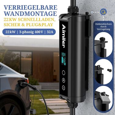 Wallbox 11 кВт з додатком, 400V (8-16A) трифазний, мобільна зарядка 7M, кабель CEE Typ 2, IP66, OLED, для електромобілів Model Y/3, ID.3/4/5, MG4, Zoe та інших PHEV/EV, 22 кВт, 32A, CE&TÜV