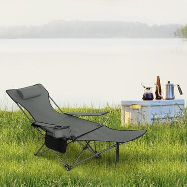 Набір кемпінгових стільців WOLTU 2 шт. з підставкою для ніг, пляжний стілець 2-в-1, вудильник, з підсклянником та сумкою для зберігання (Сірий)