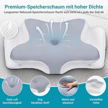 Подушка ортопедична з піни Memory Foam для підтримки шиї, сіра. Ефективна проти болю, ергономічна, для сну на боці, спині та животі.