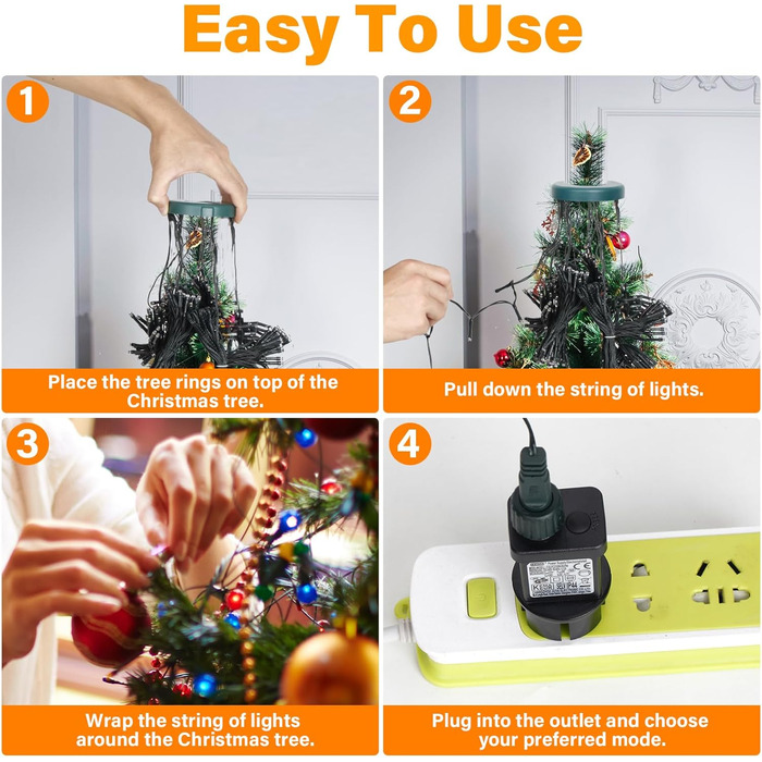 Льохтеркетка Withosent для ялинки, 2м, 400 LED, з кільцем, IP44, пам'ять, вологостійка, 8 режимів, тепле біле світло, для декору ялинки в приміщенні та на вулиці