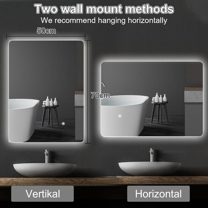 Дзеркало для ванної кімнати LED 50x70 см з підсвічуванням, сенсорне керування, регулювання яскравості, 3 кольори світла, без рамки