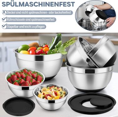 HaWare Mixing Bowl Set of 6, Stainless Steel Bowl Salad Bowl Set with Airtight Lid & 3 Grater Attachments, 4.6L/2.8L/2.5L/1.6L/1.2L/0.7L, Non-Slip Silicone Bottom & Dishwasher Safe, Black