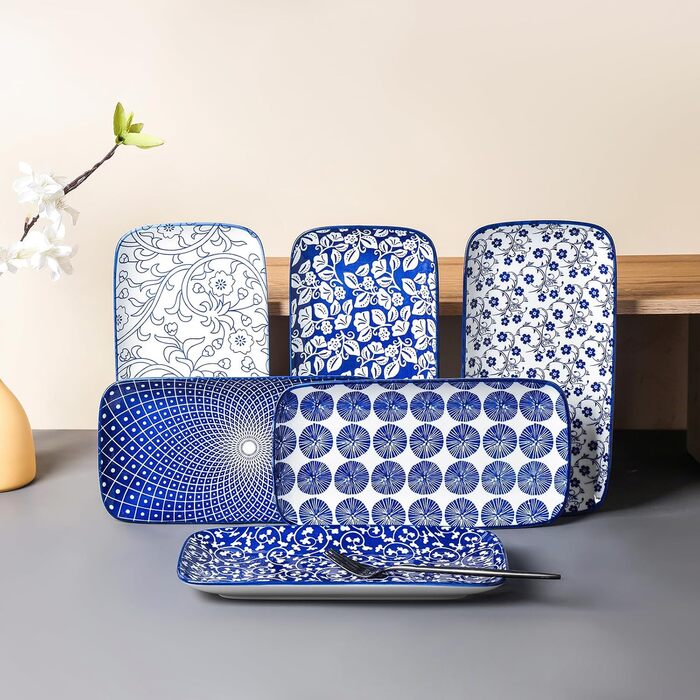 Сервіровочні тарілки Selamica Keramik, набір 6 шт., 24 x 14 x 2.5 см, вінтажний блакитний, для суші, закусок, фруктів